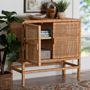 Baxton Studio Bali & Pari Vivan Handwoven Rattan Accent Cabinet Mahogany Frame Boho Storage Solution Vivan-SVN2630A-Natural-Cabinet