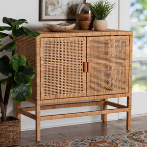 Baxton Studio Bali & Pari Vivan Handwoven Rattan Accent Cabinet Mahogany Frame Boho Storage Solution Vivan-SVN2630A-Natural-Cabinet