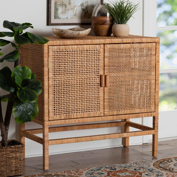 Baxton Studio Bali & Pari Vivan Handwoven Rattan Accent Cabinet Mahogany Frame Boho Storage Solution Vivan-SVN2630A-Natural-Cabinet