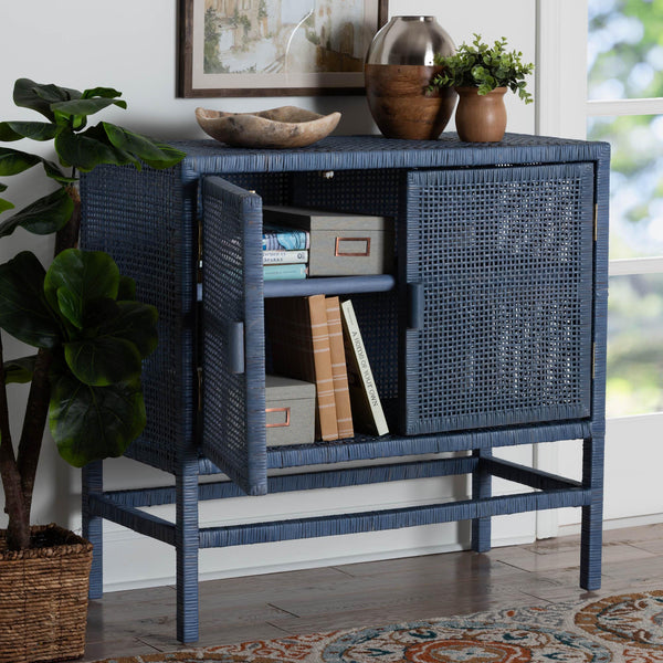 Baxton Studio Bali & Pari Vivan Handwoven Rattan Cabinet with Mahogany Frame and Dual Door Storage Vivan-SVN2630NB-Navy Blue-Cabinet