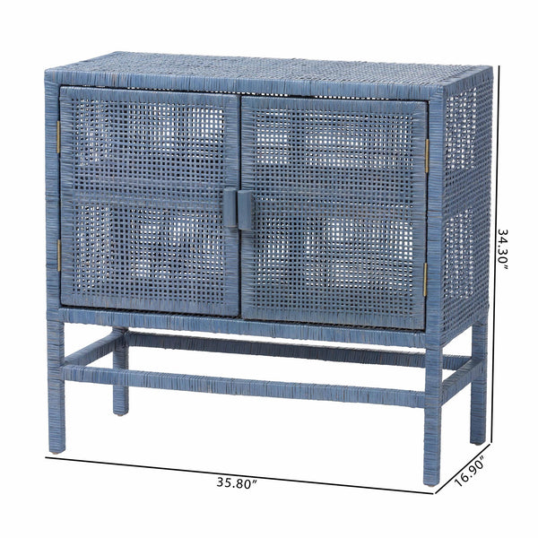 Baxton Studio Bali & Pari Vivan Handwoven Rattan Cabinet with Mahogany Frame and Dual Door Storage Vivan-SVN2630NB-Navy Blue-Cabinet