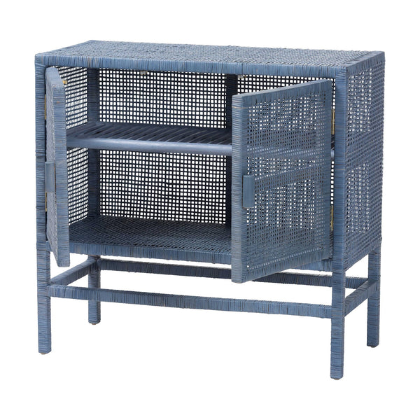Baxton Studio Bali & Pari Vivan Handwoven Rattan Cabinet with Mahogany Frame and Dual Door Storage Vivan-SVN2630NB-Navy Blue-Cabinet
