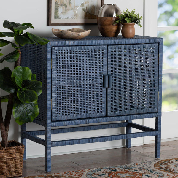 Baxton Studio Bali & Pari Vivan Handwoven Rattan Cabinet with Mahogany Frame and Dual Door Storage Vivan-SVN2630NB-Navy Blue-Cabinet