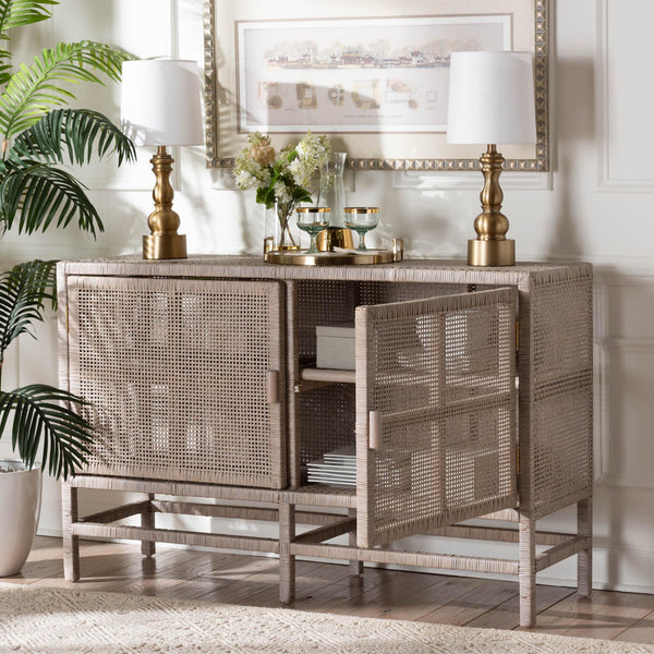 Baxton Studio Bali & Pari Vivan Handwoven Rattan Cabinet with Double Doors for Coastal Living Rooms Vivan-W137-French Grey-Cabinet