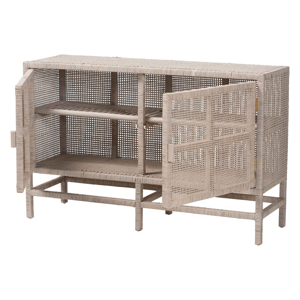 Baxton Studio Bali & Pari Vivan Handwoven Rattan Cabinet with Double Doors for Coastal Living Rooms Vivan-W137-French Grey-Cabinet