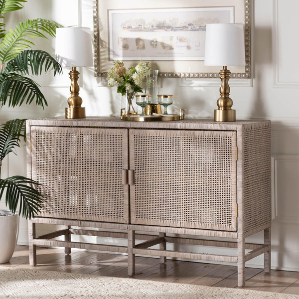 Baxton Studio Bali & Pari Vivan Handwoven Rattan Cabinet with Double Doors for Coastal Living Rooms Vivan-W137-French Grey-Cabinet