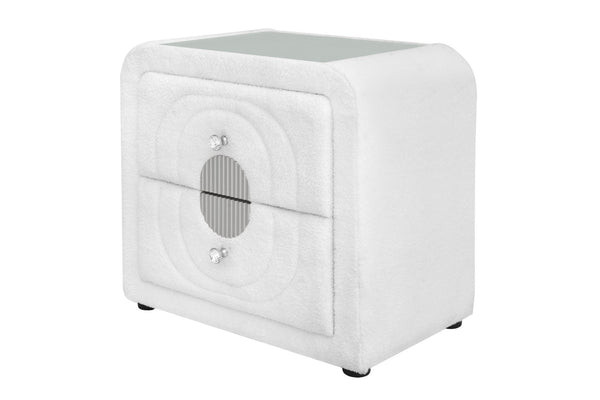 English Elm Shelyn Teddy Sherpa Upholstered Nightstand with Glass Top and Crystal Knob Hardware White B2756P495789