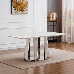 English Elm Marble Dining Table For 6 – Modern Rectangular Faux Marble Top With Sleek Stainless Steel Base W3456S00014