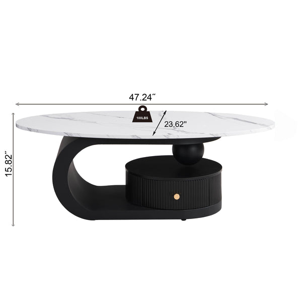 English Elm Modern Nesting Coffee Table Set - Stylish 2-Piece Oval & Round Design With Faux Marble & Storage Drawer W821S00004