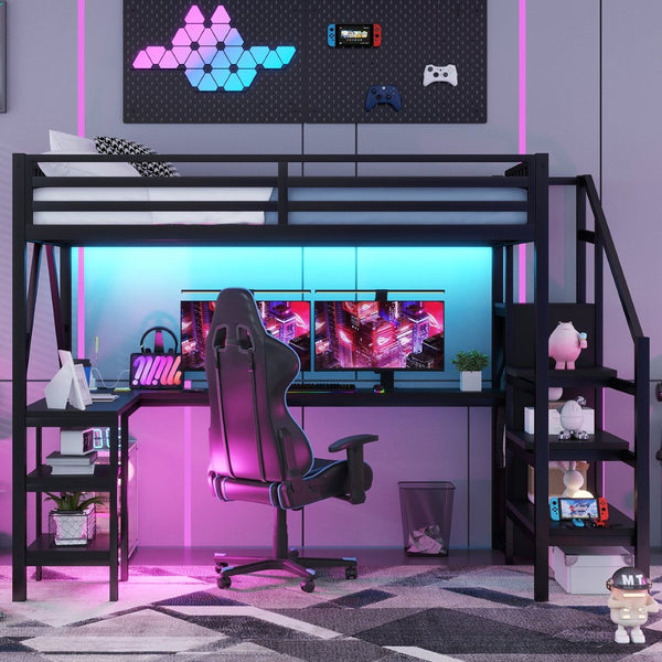 English Elm Metal Full Loft Bed with L Shaped Desk Wardrobe Rgb Lighting and Usb Charging Black W2593S00053