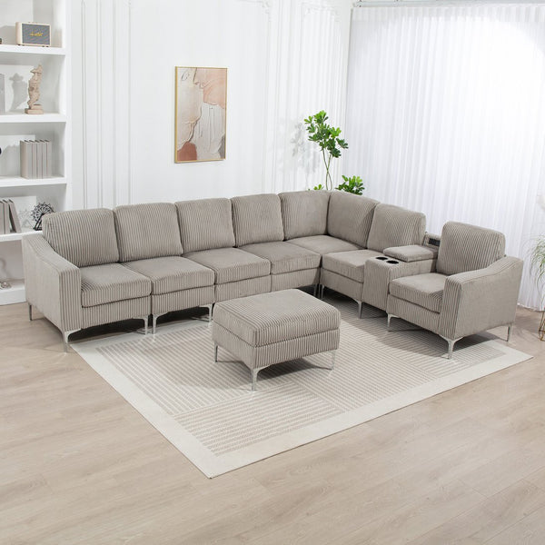 English Elm Convertible Sectional Sofa With Storage Ottoman, Cupholders & Usb Ports - Modern Gray Comfort For Living Rooms W3098S00031