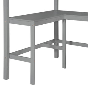English Elm Twin Loft Bed with Built-in Desk and Open Shelves Solid Pine Kids Study Sleep Gray LT001537AAE-1