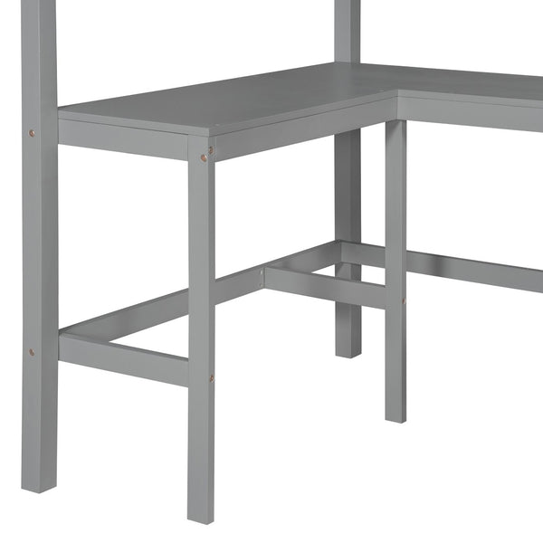 English Elm Twin Loft Bed with Built-in Desk and Open Shelves Solid Pine Kids Study Sleep Gray LT001537AAE-1