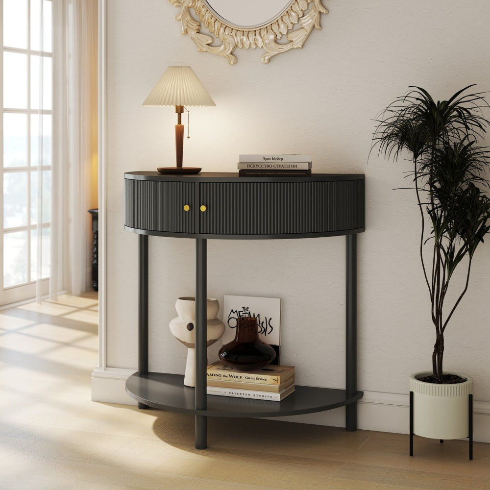 English Elm Artisan-crafted Demi-lune Console Sculptural Wave Drawers Vanilla Lacquer Hallway Accent Dark Gray W2557P329371