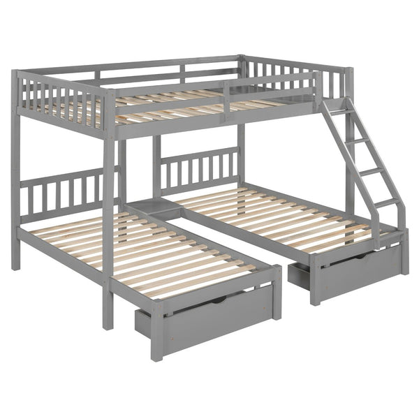 English Elm Full Over Twin Triple Bunk Bed Pine Wood Frame with Storage Drawers and Guardrails LT000343AAE-1
