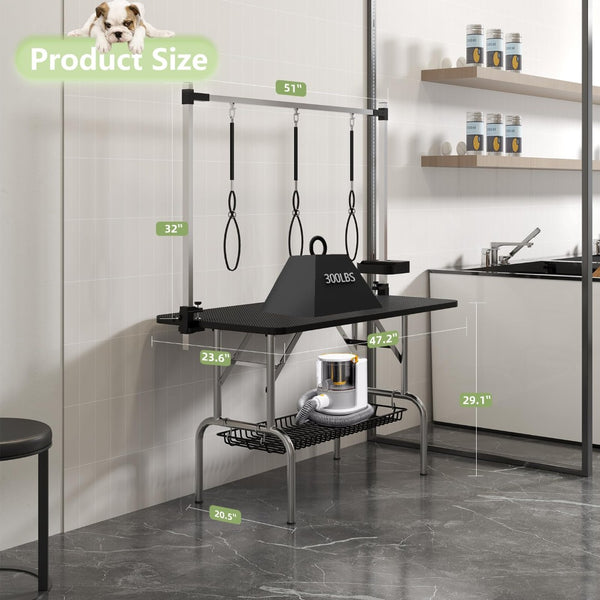 English Elm 47'' Stainless Steel Foldable Pet Grooming Station with Adjustable Arm Noose Mesh Tray Black W3587P462651