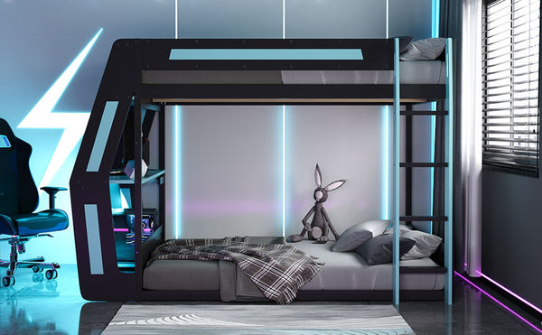 English Elm Full-size Gaming Loft Bed with Integrated Rgb Desk Usb Ports and Esports Frame Blue LT000239AAC