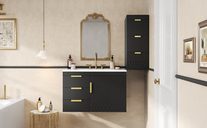 English Elm 30" Bathroom Vanity with Sink — Wall-Mounted Ceramic Basin, Soft-Close Storage, Floating Modern Design Black N710S324096B