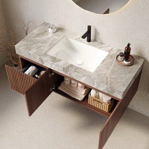 English Elm MURI Wall-Mounted 48" Bathroom Vanity with Durable Sintered Stone Top, Ceramic Basin, Soft-Close Brown Oak,Light Gray W2615S00095