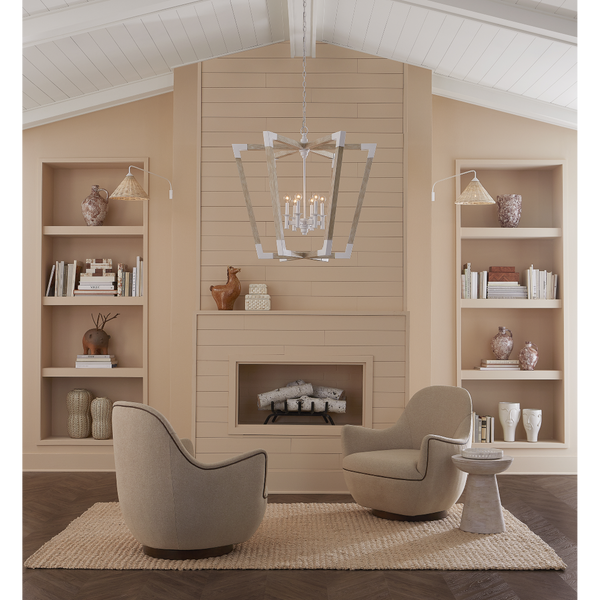 Bastian Sandstone Lantern - Elegant Arts & Crafts Inspired Chandelier in Sugar White and Wood Finish