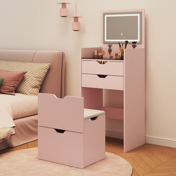 English Elm Dressing Table Set with Led Lit Flip Mirror Hidden Stool and Dual Drawers for Small Spaces W5252P447390