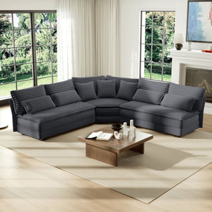 English Elm 5-seater Curved Corner Sectional Sofa Ribbed Corduroy Upholstery with Seven Accent Pillows Dark Gray W2606S00016