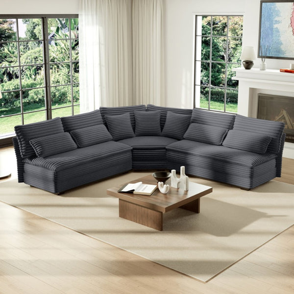 English Elm 5-seater Curved Corner Sectional Sofa Ribbed Corduroy Upholstery with Seven Accent Pillows Dark Gray W2606S00016