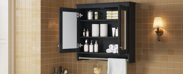 English Elm 3-in-1 Wall Mounted Medicine Cabinet with Soft Close Door Adjustable Shelves and Towel Bar Black N710P405415B