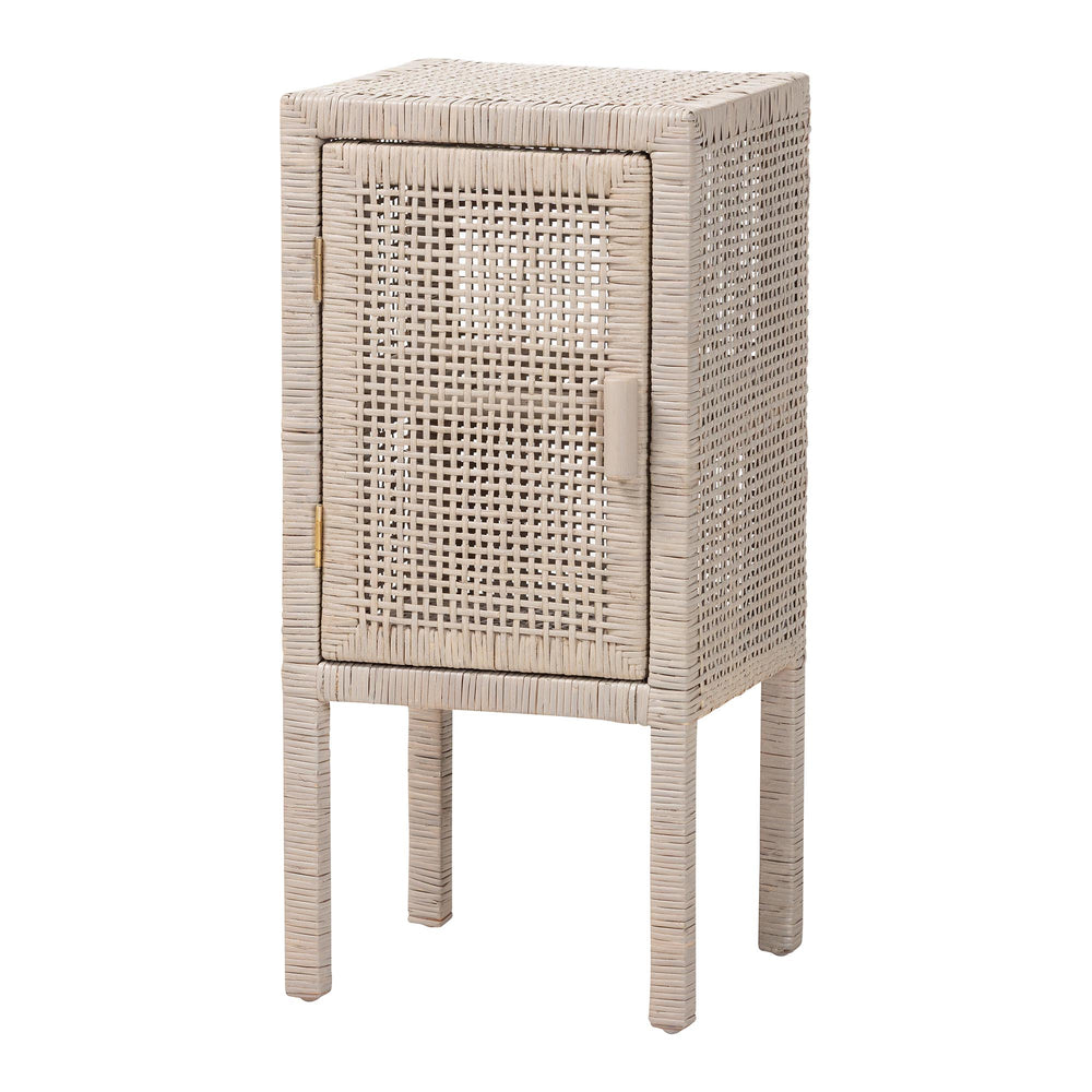 Baxton Studio Bali & Pari Vivan Handwoven Rattan Bedside Table with Mahogany Frame and Open Shelving Vivan-French Grey-NS