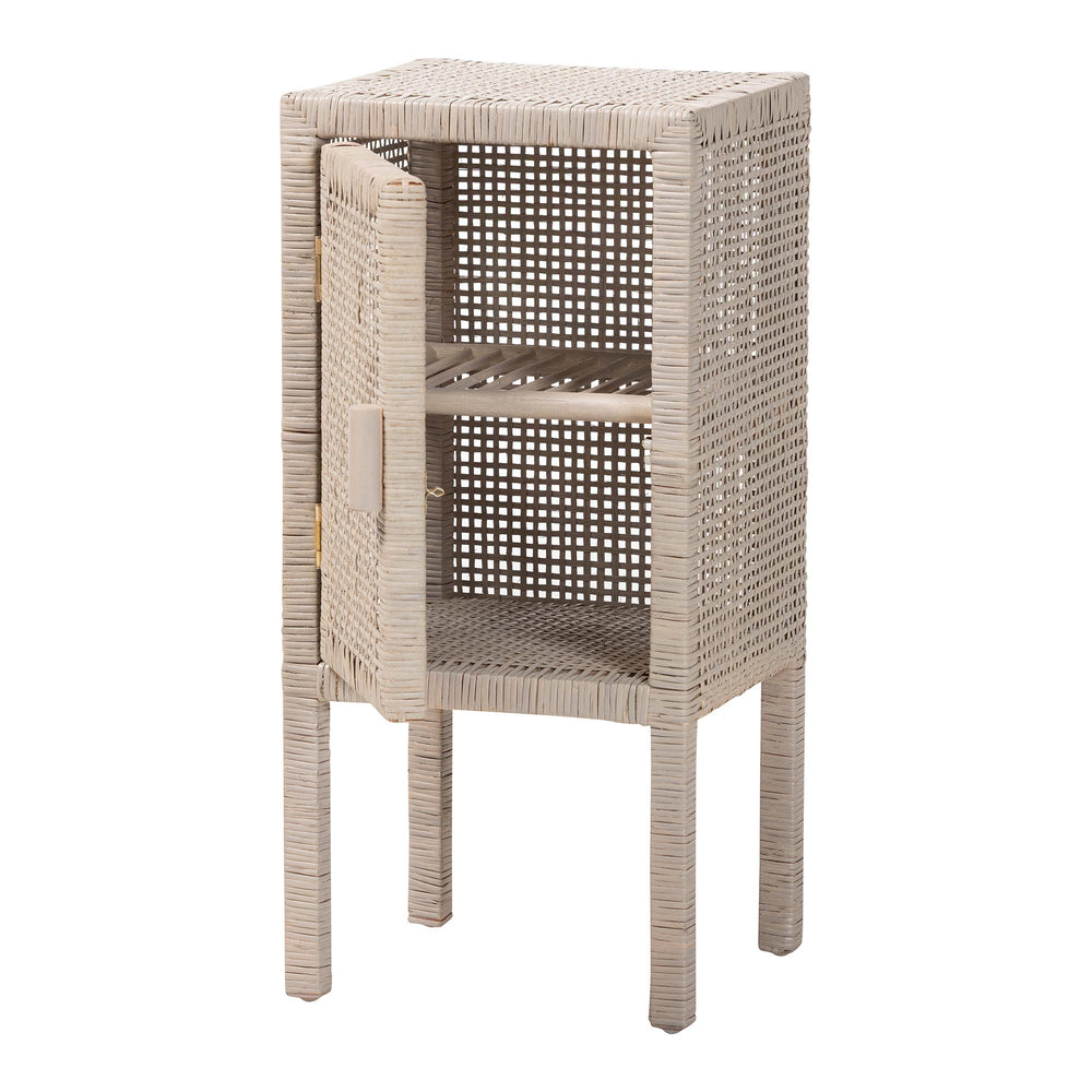 Baxton Studio Bali & Pari Vivan Handwoven Rattan Bedside Table with Mahogany Frame and Open Shelving Vivan-French Grey-NS