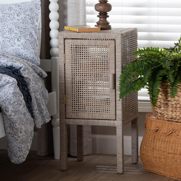 Baxton Studio Bali & Pari Vivan Handwoven Rattan Bedside Table with Mahogany Frame and Open Shelving Vivan-French Grey-NS
