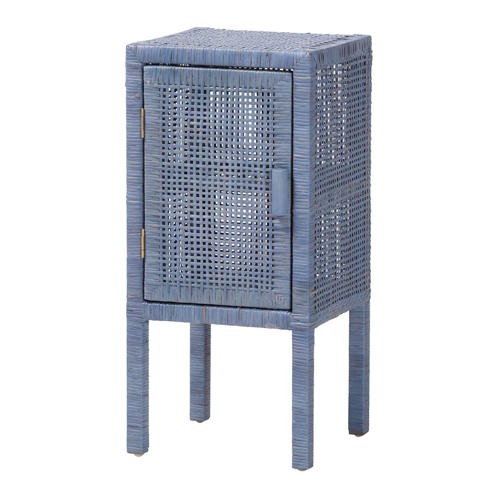 Baxton Studio Bali & Pari Vivan Handwoven Rattan Nightstand with Mahogany Frame and Coastal Bedroom Style Vivan-Navy Blue-NS