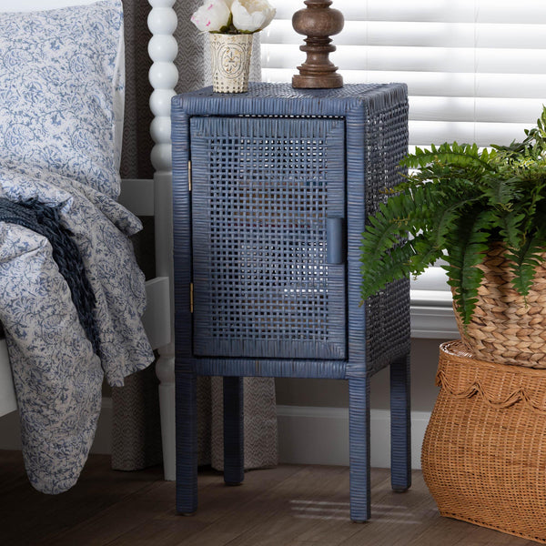 Baxton Studio Bali & Pari Vivan Handwoven Rattan Nightstand with Mahogany Frame and Coastal Bedroom Style Vivan-Navy Blue-NS