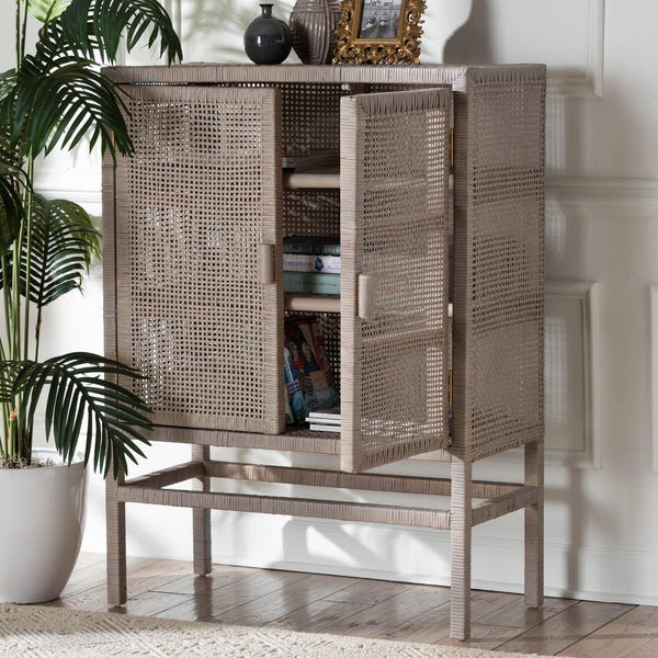 Baxton Studio Bali & Pari Vivan Handwoven Rattan Accent Cabinet with Mahogany Frame for Coastal Interiors Vivan-W81-French Grey-Cabinet