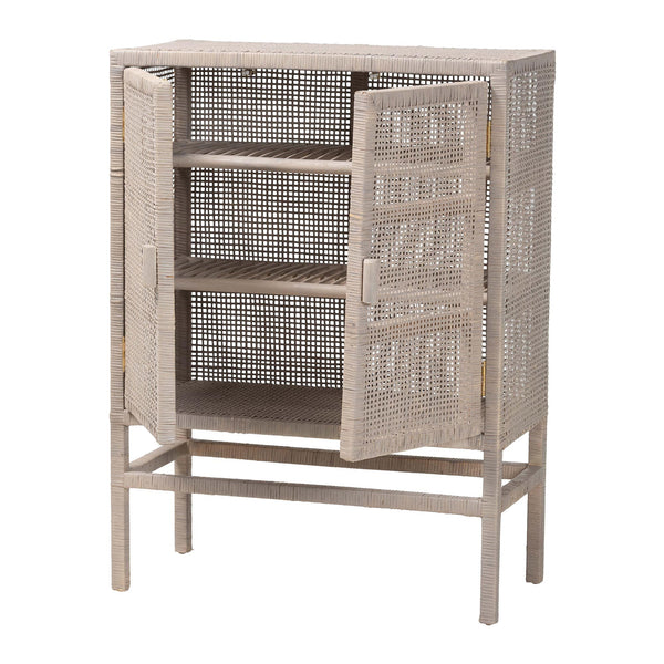 Baxton Studio Bali & Pari Vivan Handwoven Rattan Accent Cabinet with Mahogany Frame for Coastal Interiors Vivan-W81-French Grey-Cabinet