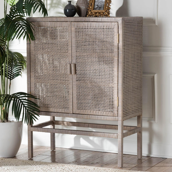 Baxton Studio Bali & Pari Vivan Handwoven Rattan Accent Cabinet with Mahogany Frame for Coastal Interiors Vivan-W81-French Grey-Cabinet