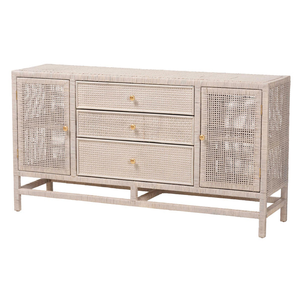 Baxton Studio Bali & Pari Vivan Handwoven Rattan Cabinet with Mahogany Frame and Coastal Storage Appeal Vivan-SV2089-French Grey-Rattan-Cabinet