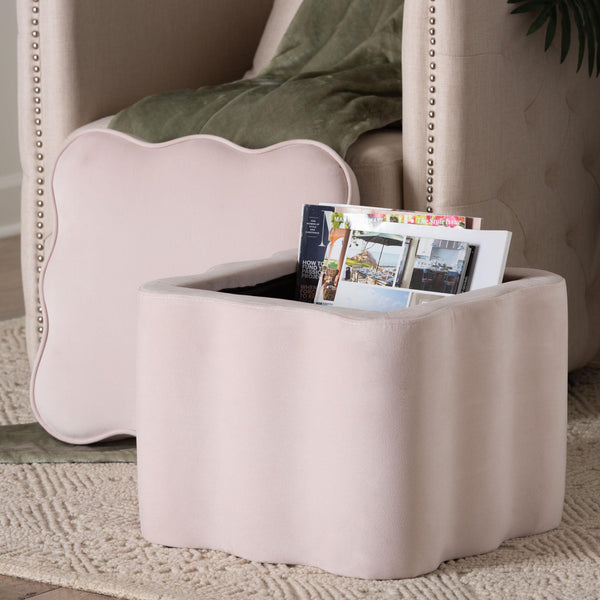 Baxton Studio Baxton Studio Paulina Velvet Scalloped Storage Ottoman Plush Accent Seat Light Pink/Black BBT5610-Light Pink Velvet-Storage-Ottoman