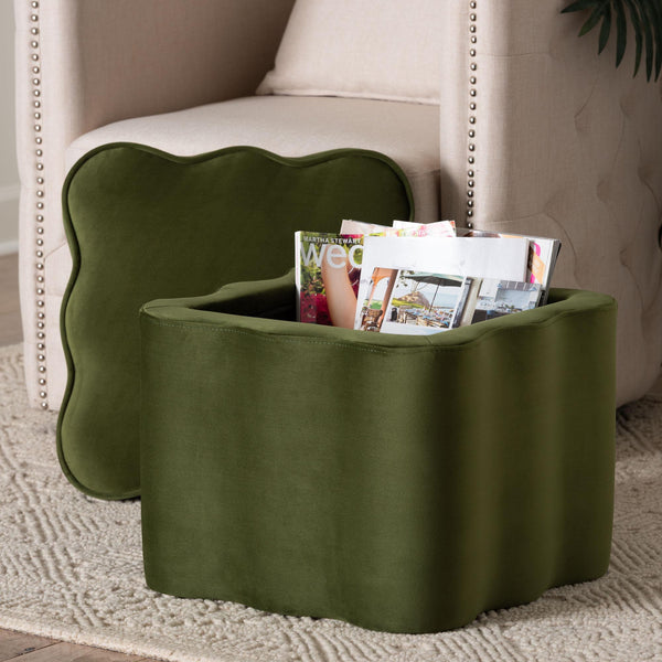 Baxton Studio Baxton Studio Paulina Velvet Scalloped Storage Ottoman Plush Accent Seat Moss Green/Black BBT5610-Moss Green Velvet-Storage-Ottoman