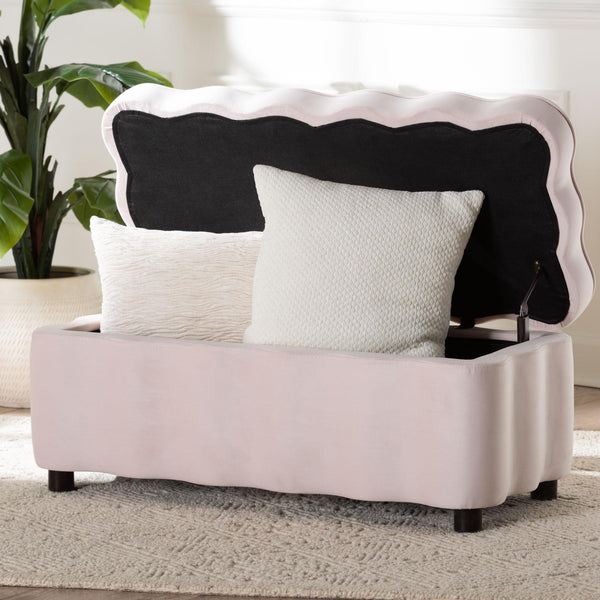 Baxton Studio Baxton Studio Paulina Velvet Lift Top Storage Bench Scalloped Glam Bedroom Accent Light Pink/Black BBT3246-Light Pink Velvet-Storage-Bench
