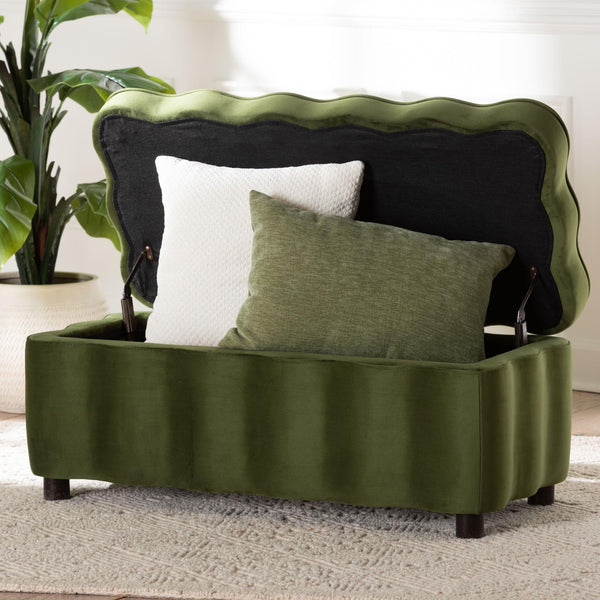 Baxton Studio Baxton Studio Paulina Velvet Lift Top Storage Bench Scalloped Glam Bedroom Accent Moss Green/Black BBT3246-Moss Green Velvet-Storage-Bench