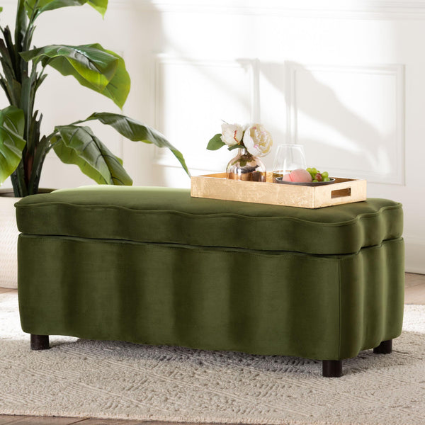 Baxton Studio Baxton Studio Paulina Velvet Lift Top Storage Bench Scalloped Glam Bedroom Accent Moss Green/Black BBT3246-Moss Green Velvet-Storage-Bench