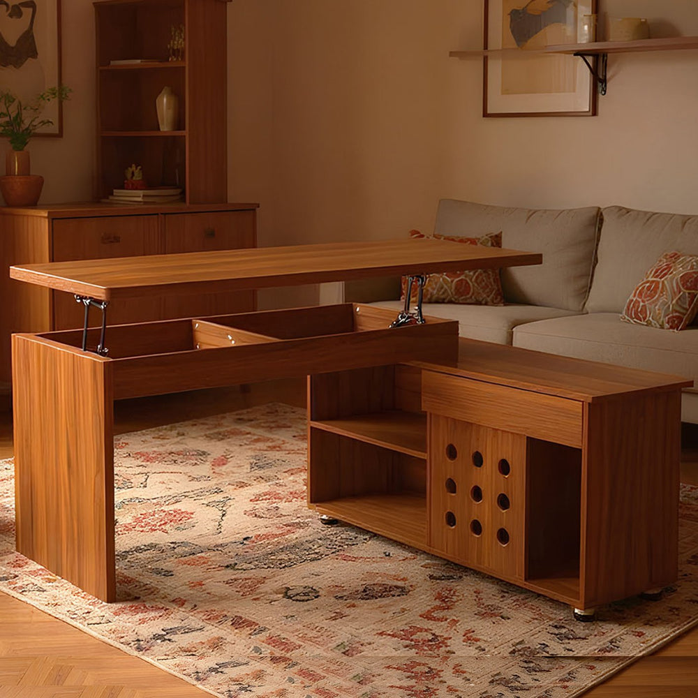 English Elm 55.1''L, Walnut Adjustable L-Shaped Executive Desk with Sliding Door Cabinet, Drawer & Storage Space N843P293669W