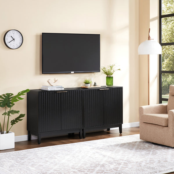 English Elm 2 Door Storage Cabinet with Fluted Fronts and Brass Handles, Mid-Century Accent Console for Entryway Black W914P292867