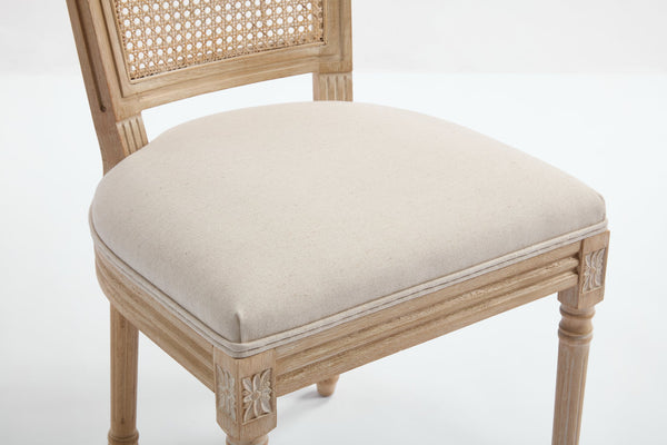 English Elm French Country Dining Chairs Set Of 2 - Upholstered Natural Rattan Back, Vintage Charm For Any Space W3426P324546