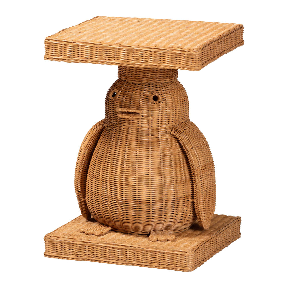 Baxton Studio Bali & Pari Handwoven Rattan Penguin Sculptural Side Table with Mahogany Frame Penguin-Natural Rattan-ET