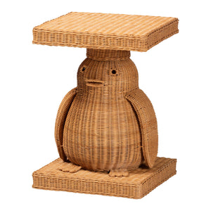 Baxton Studio Bali & Pari Handwoven Rattan Penguin Sculptural Side Table with Mahogany Frame Penguin-Natural Rattan-ET