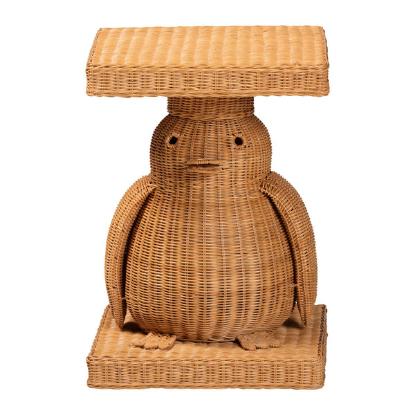 Baxton Studio Bali & Pari Handwoven Rattan Penguin Sculptural Side Table with Mahogany Frame Penguin-Natural Rattan-ET