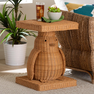Baxton Studio Bali & Pari Handwoven Rattan Penguin Sculptural Side Table with Mahogany Frame Penguin-Natural Rattan-ET
