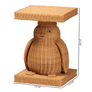 Baxton Studio Bali & Pari Handwoven Rattan Penguin Sculptural Side Table with Mahogany Frame Penguin-Natural Rattan-ET